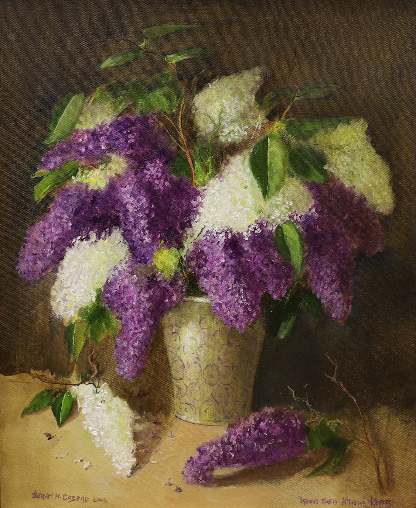 Daniel H. Cozens, oil on canvas, Still life of lilac blossom in a vase, signed and dated 2006, 60 x 50cm and an oil on board, Sea cliffs, signed, 40 x 50cm